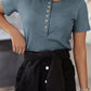 Buttoned Ribbed Knit Short Sleeve Top