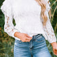 White Mock Neck Ruffled Long Sleeve Lace Top