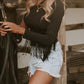 One Shoulder Fringed Long Sleeve Bodysuit