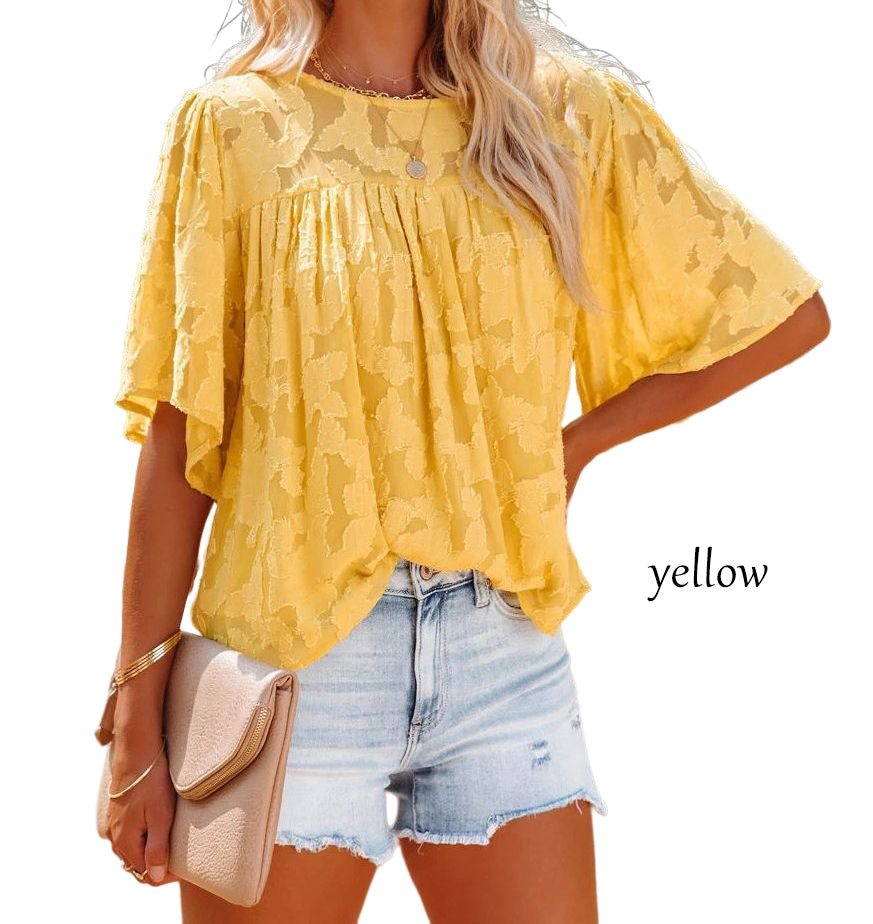 Paneled Lace Floral Flared-Sleeve Chiffon Top