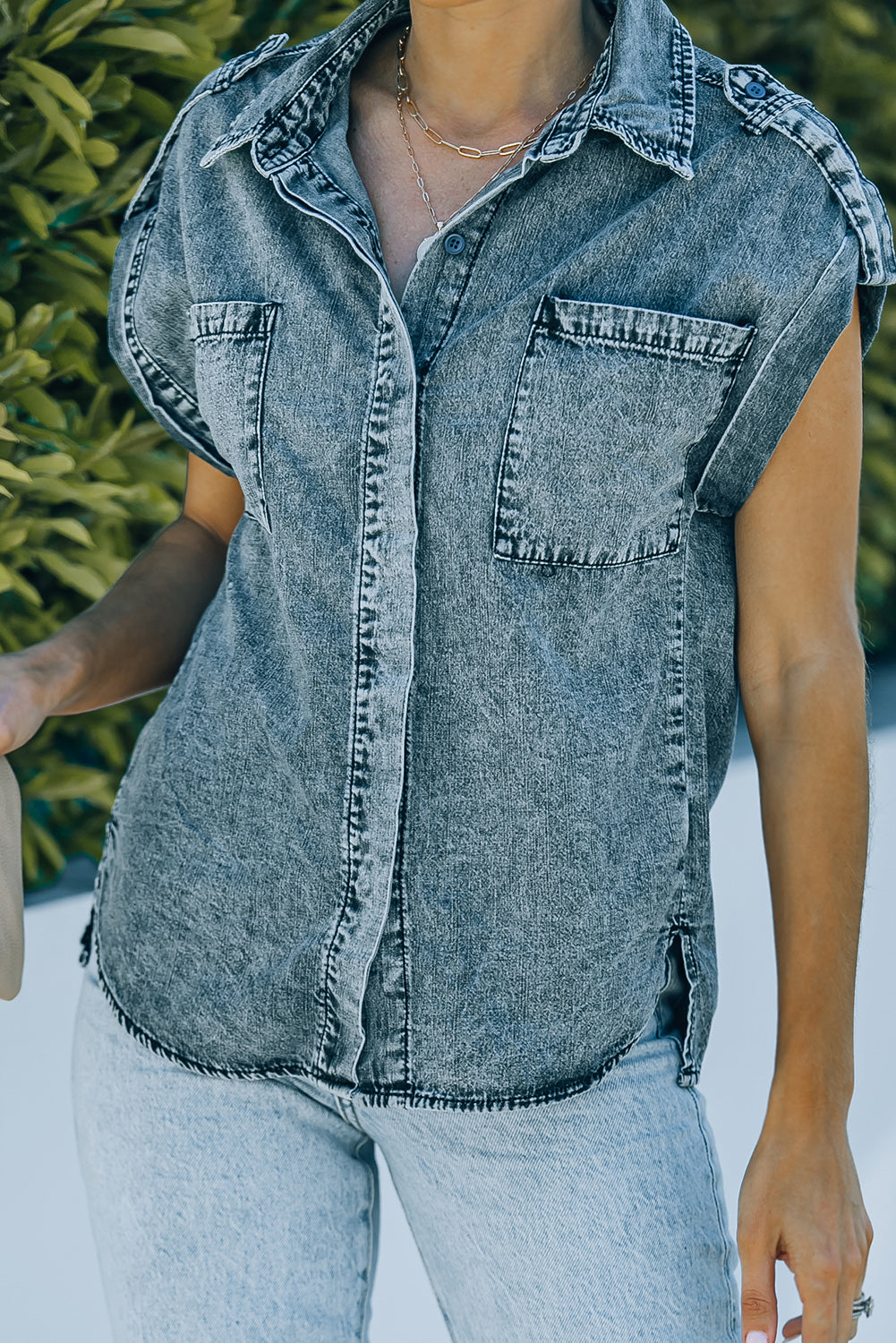 Rolled Sleeve Buttoned Denim Shirt with Pocket