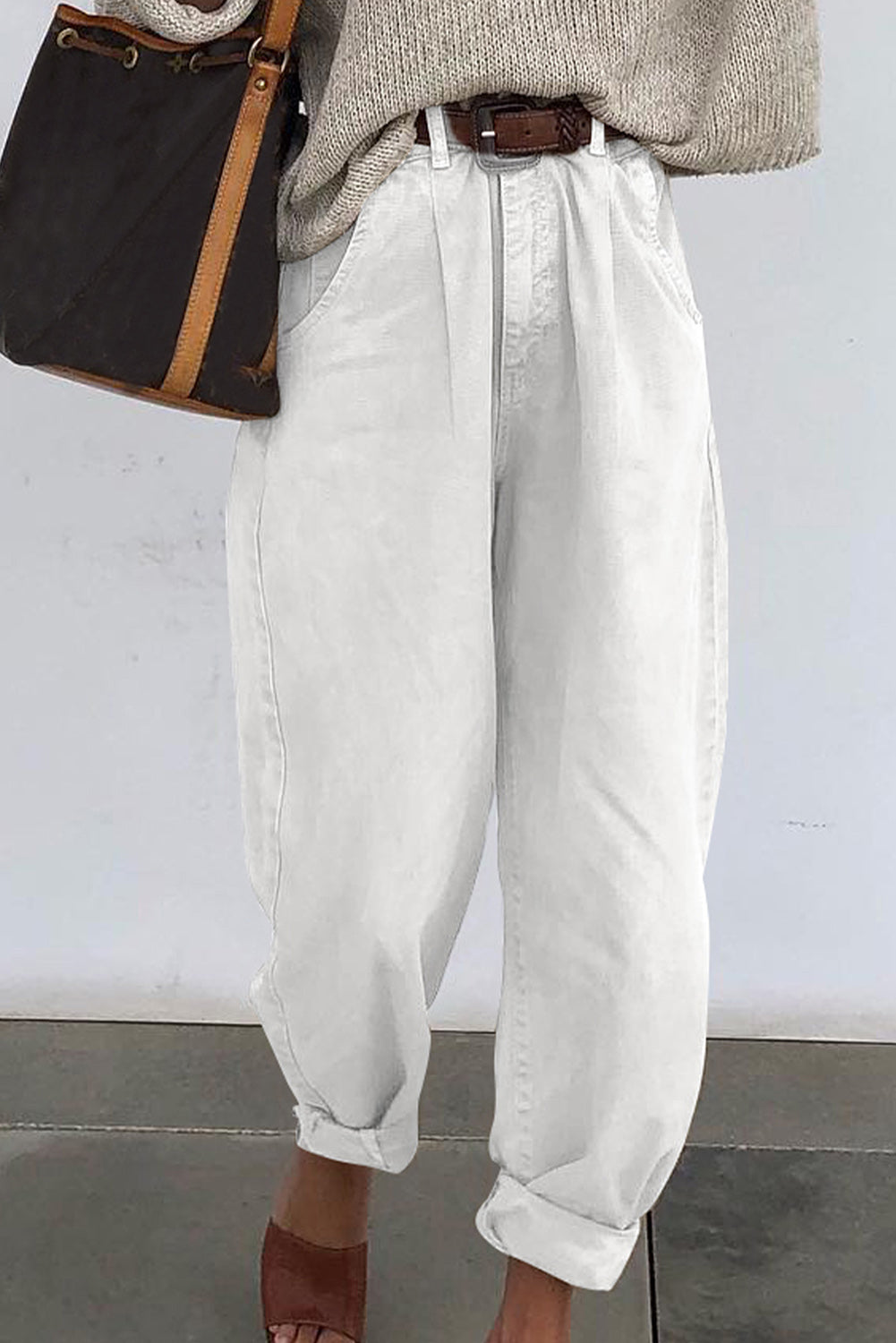 White Solid Color High Waist Harem Jeans