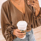 Khaki Waffle Knit Ruffled Cropped Wrap V Neck Blouse