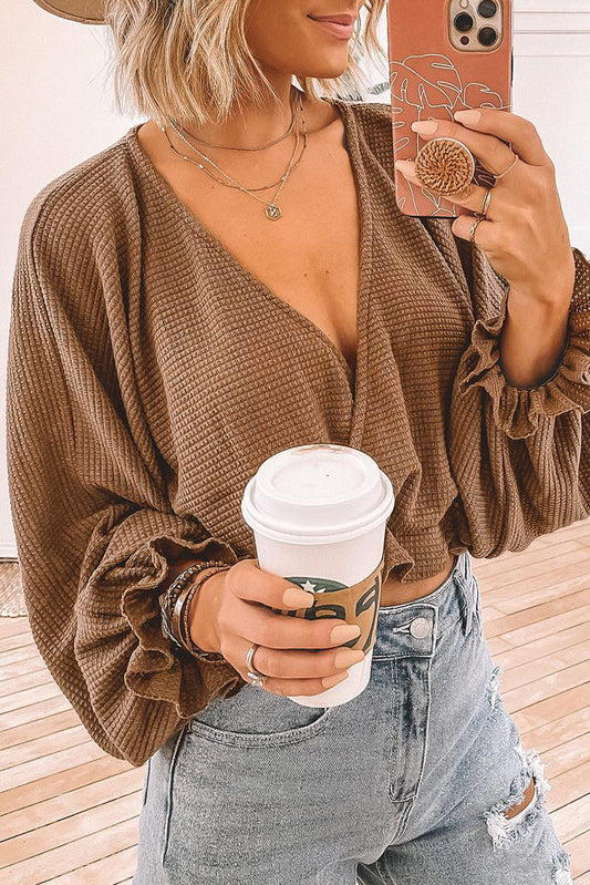 Khaki Waffle Knit Ruffled Cropped Wrap V Neck Blouse