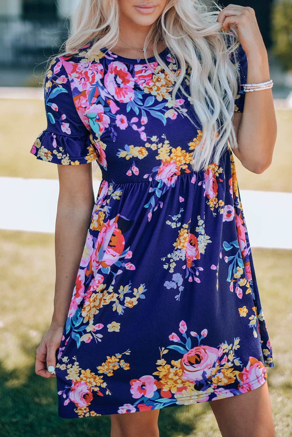 Ruffled Short Sleeve Floral Dress