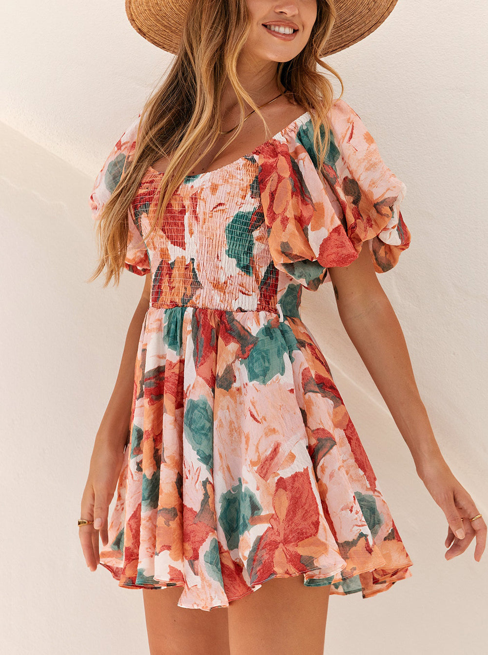 Multicolor Oil Painting Floral Print Smocked Ruffle Dress