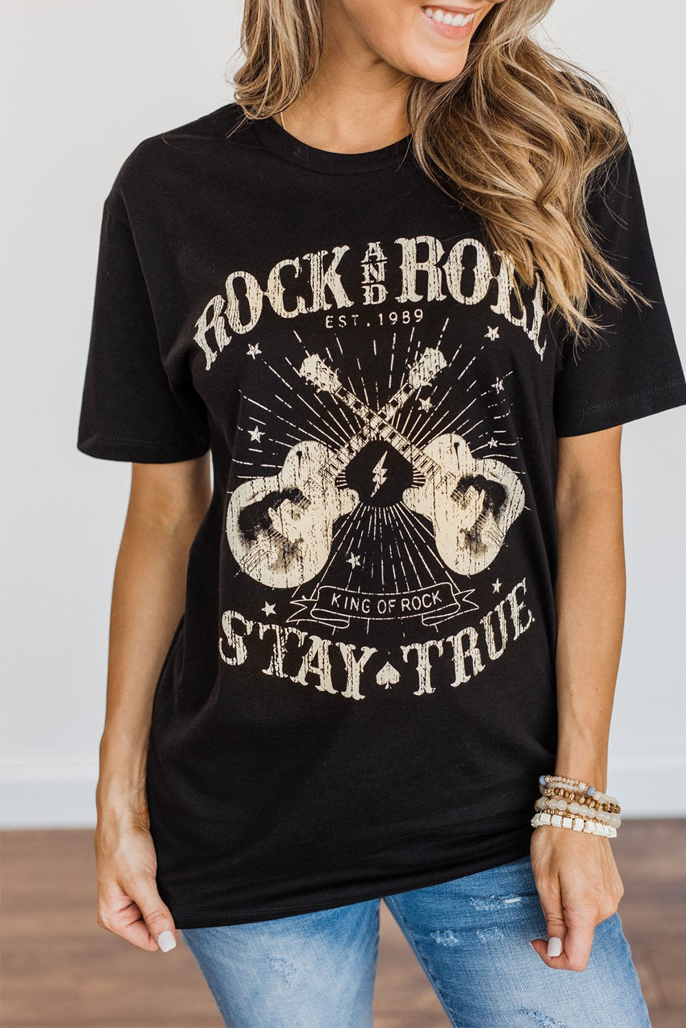 Black Stay True Guitar Graphic Print Short Sleeve Casual T Shirt