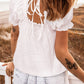 White Lace Crochet Lace-up Open Back Puff Sleeve Top