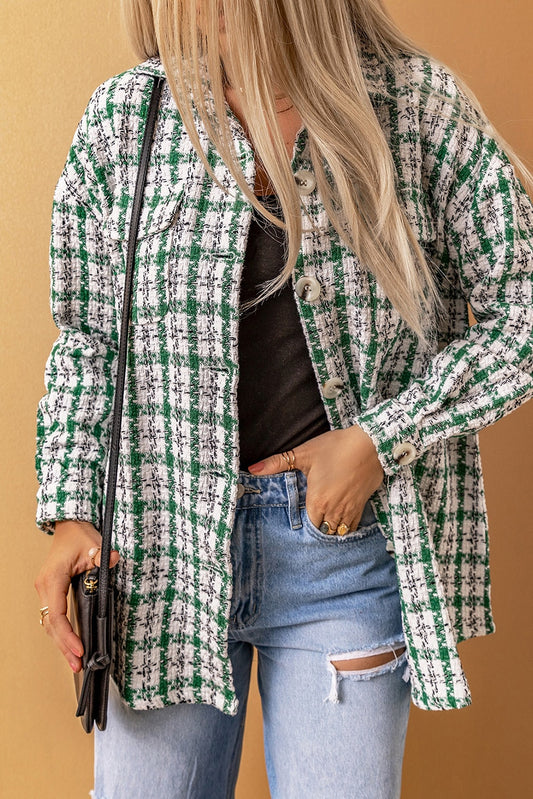 Plaid Print Button Knitted Jacket with Pocket