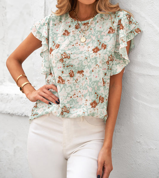 Floral Ruffle Crew Neck Short Sleeve Top