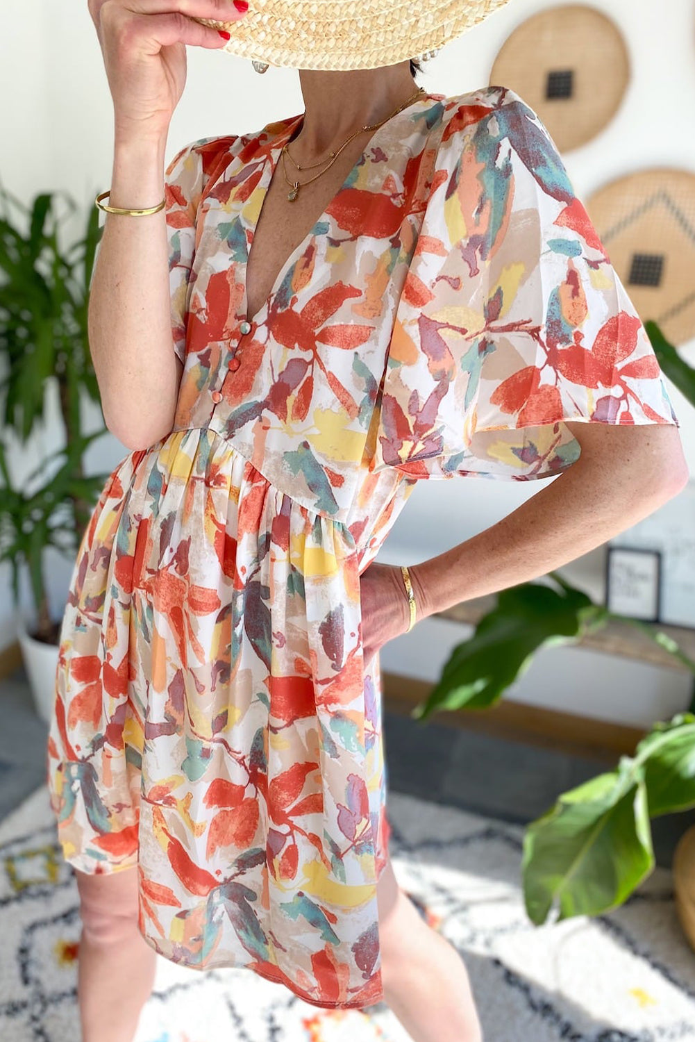 Multicolor Summer Floral Button V Neck Ruffle Flowy Dress