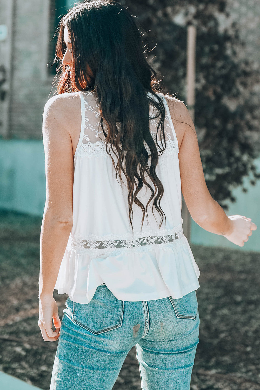 Lace Embroidery Ruffled Sleeveless Top