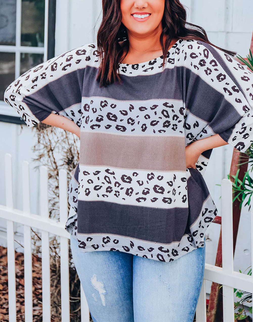 Gray Plus Size Leopard Striped Color Block Oversized Top