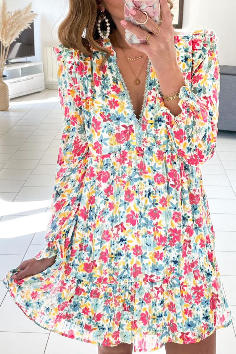 Ruffled Lace V Neck Floral Dress