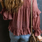 Swiss Dot Lace up V Neck Ruffled Blouse