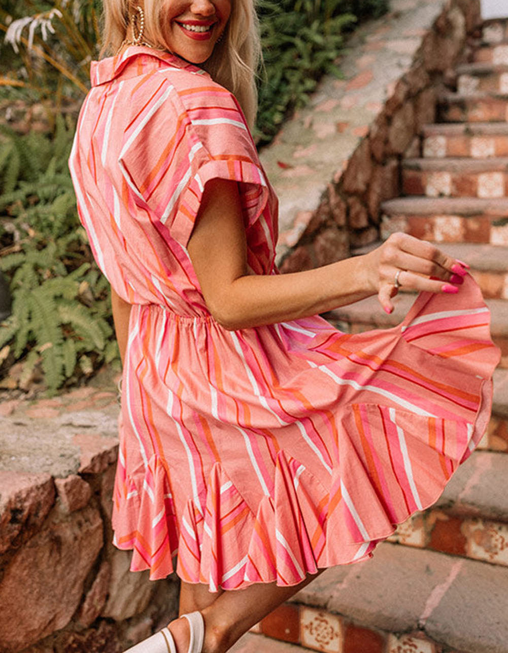 Red Stripe Print Rolled Short Sleeve V Neck Mini Dress
