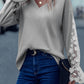 Gray Lace Mesh Flowers Contrast Waffle Knit Top
