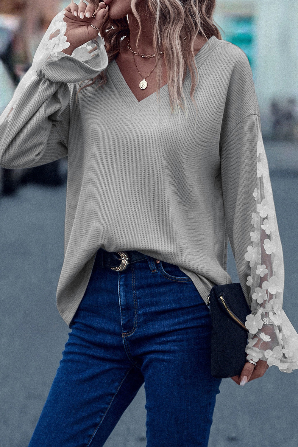 Gray Lace Mesh Flowers Contrast Waffle Knit Top