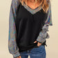 Color Block V Neck Puff Long Sleeve Blouse