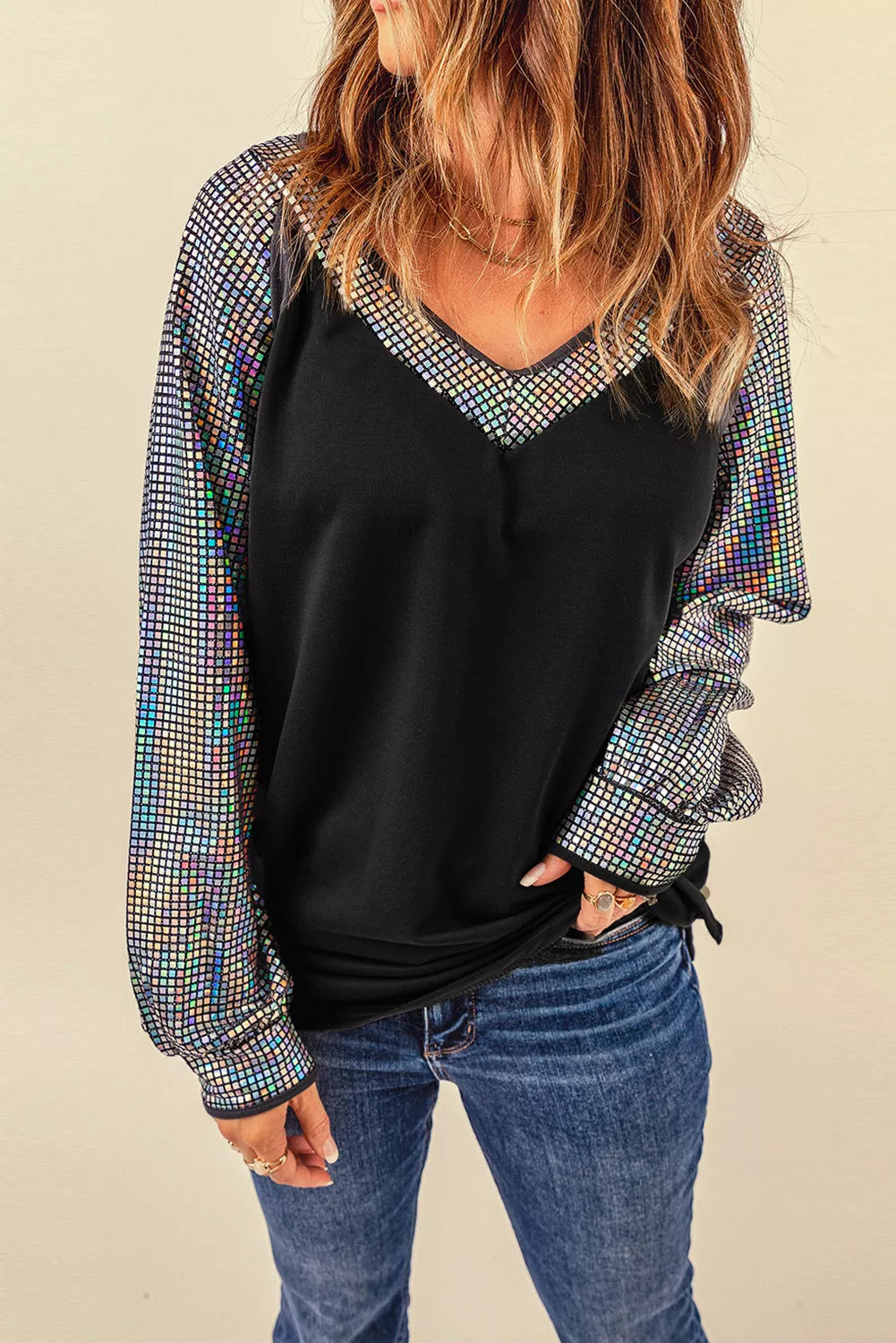 Color Block V Neck Puff Long Sleeve Blouse