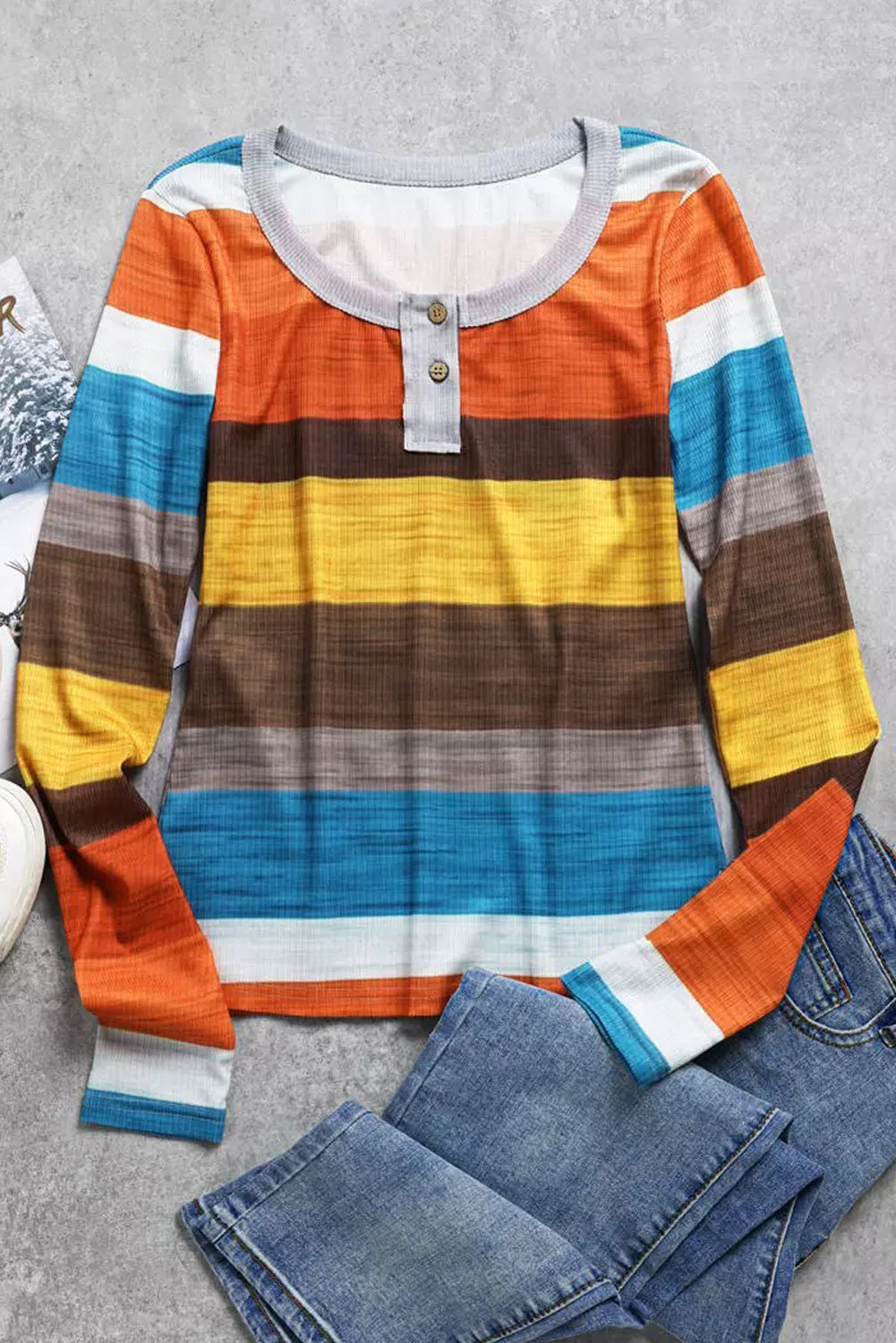 Stripe Multicolor Knit Button Notched Neck Top