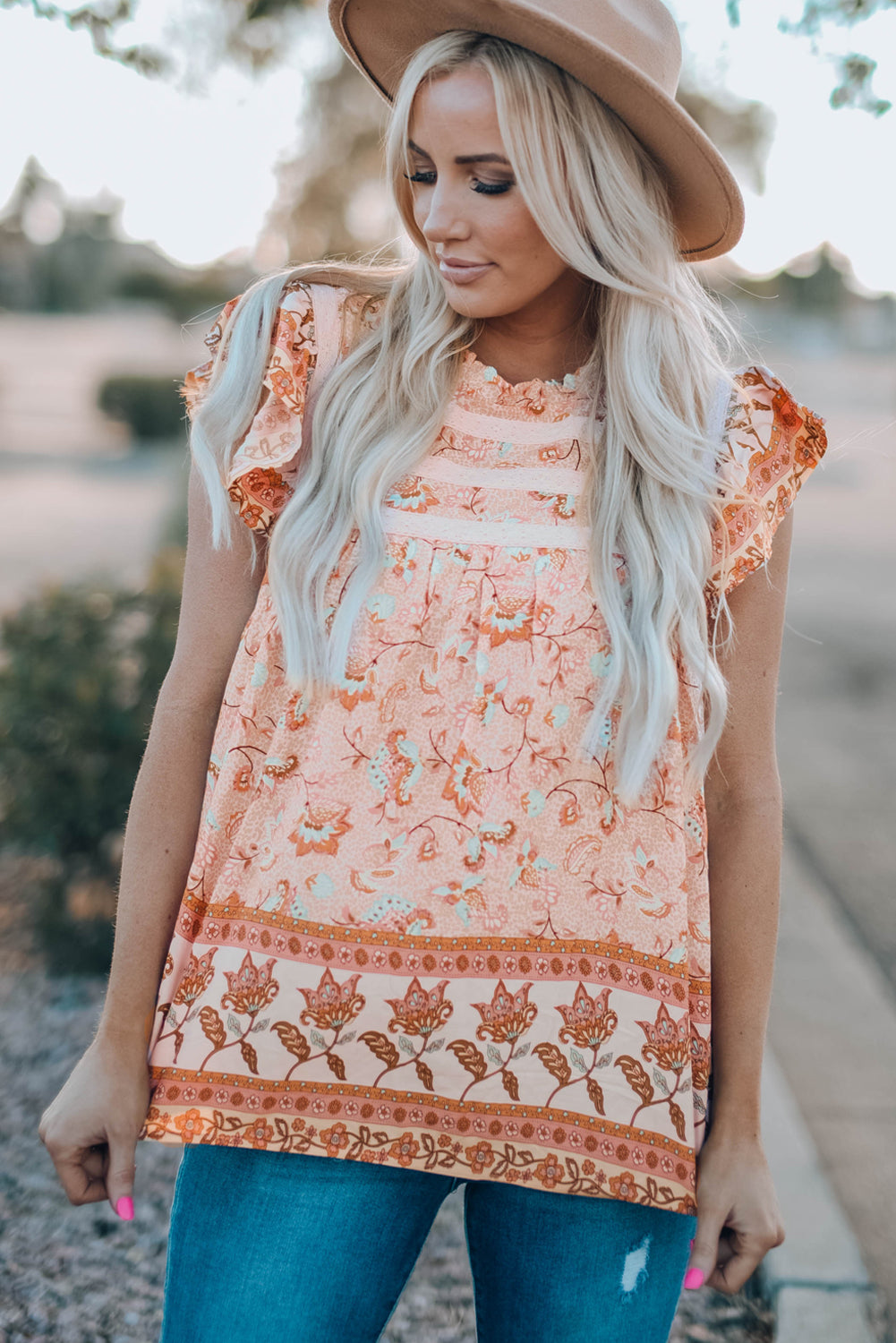 Floral Print Ruffled Crew Neck Sleeveless Top