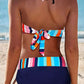 Multicolor Striped Ruched Tie Halter Backless Bikini Set