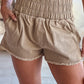 Khaki Smocked Elastic High Waist Casual Shorts