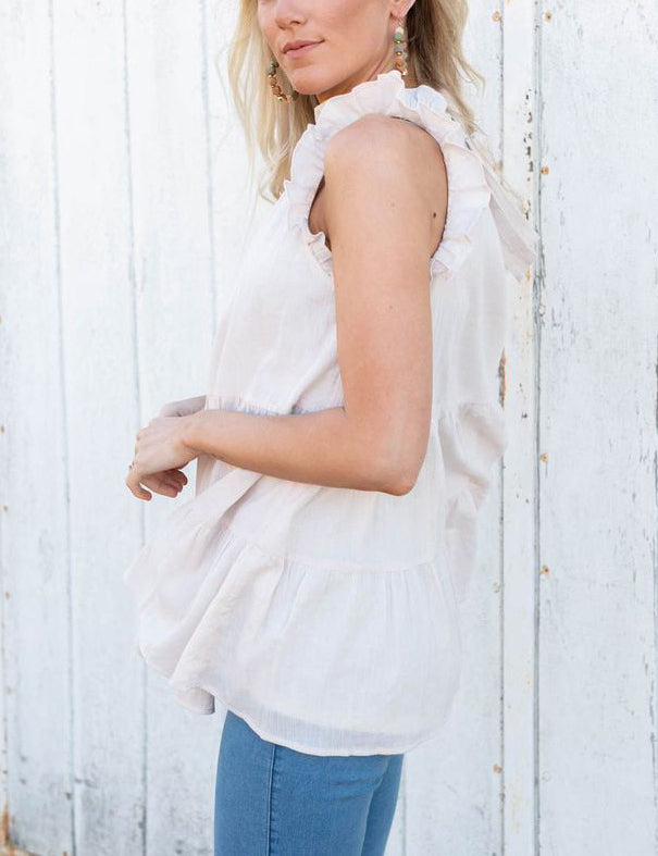 White Frilled Collar Sleeveless Knotted Tiered Flowy Tank