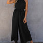 Black Halter Neck Pleated Wide Leg Jumpsuit with Belt