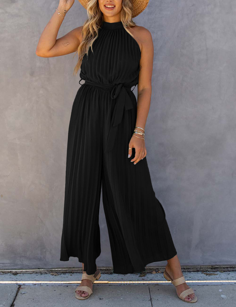 Black Halter Neck Pleated Wide Leg Jumpsuit with Belt