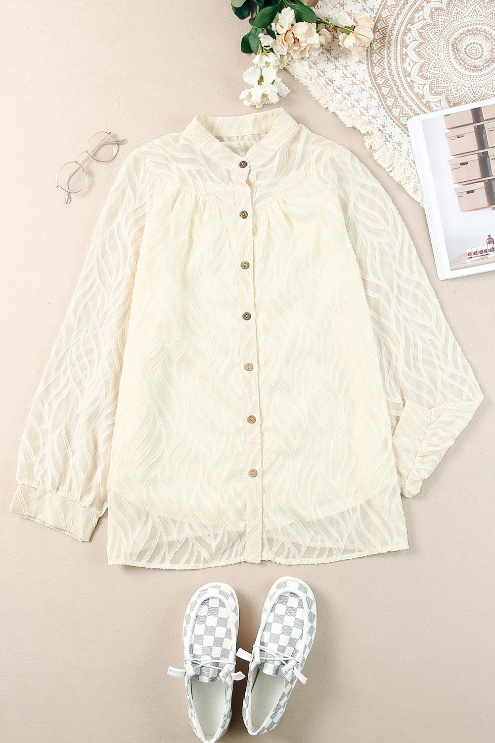 White Sheer Wavy Textured Button Front Blouse