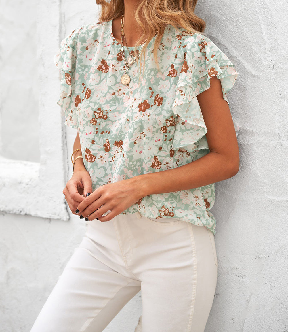 Floral Ruffle Crew Neck Short Sleeve Top