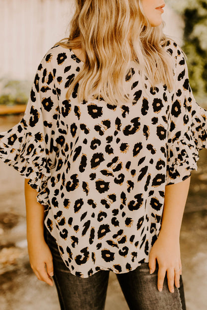 Apricot Leopard Print Ruffle Trim Batwing Sleeve Blouse