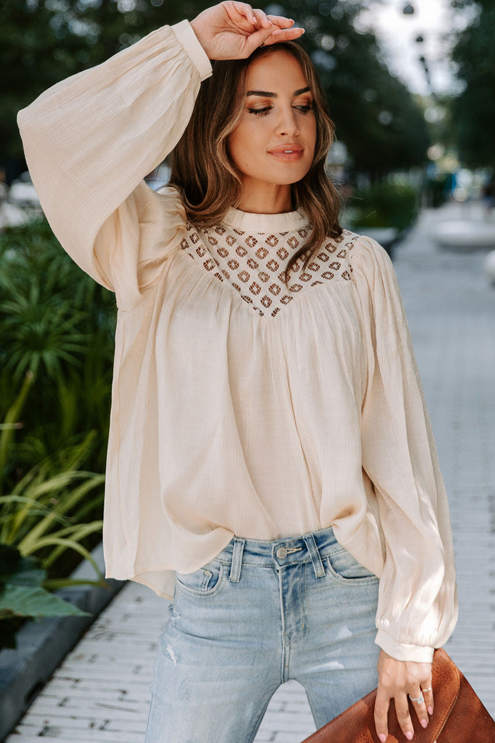 Crochet Lace Textured Balloon Sleeve Blouse