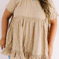 Khaki Plus Size Crinkle Textured Ruffle Trim Babydoll Top