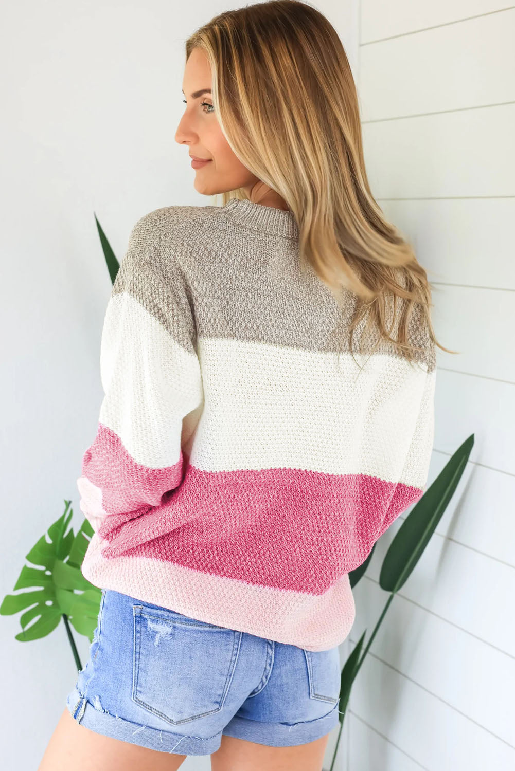 Rose Crew Neck Color Block Sweater