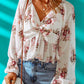 V Neck Balloon Sleeve Twist Front Floral Blouse