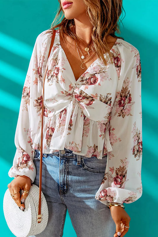 V Neck Balloon Sleeve Twist Front Floral Blouse