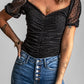Black Dotted Print Ruched Puff Sleeve Top