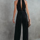 Black Button Halter Neck Keyhole Back Ribbed Jumpsuit
