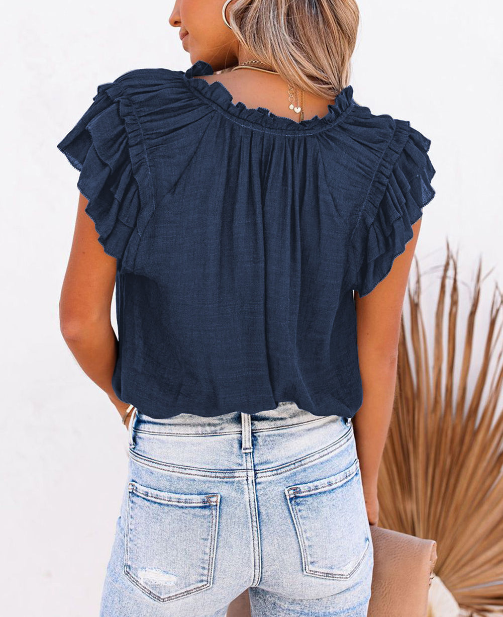 Tiered Ruffled Drawstring V Neck Top
