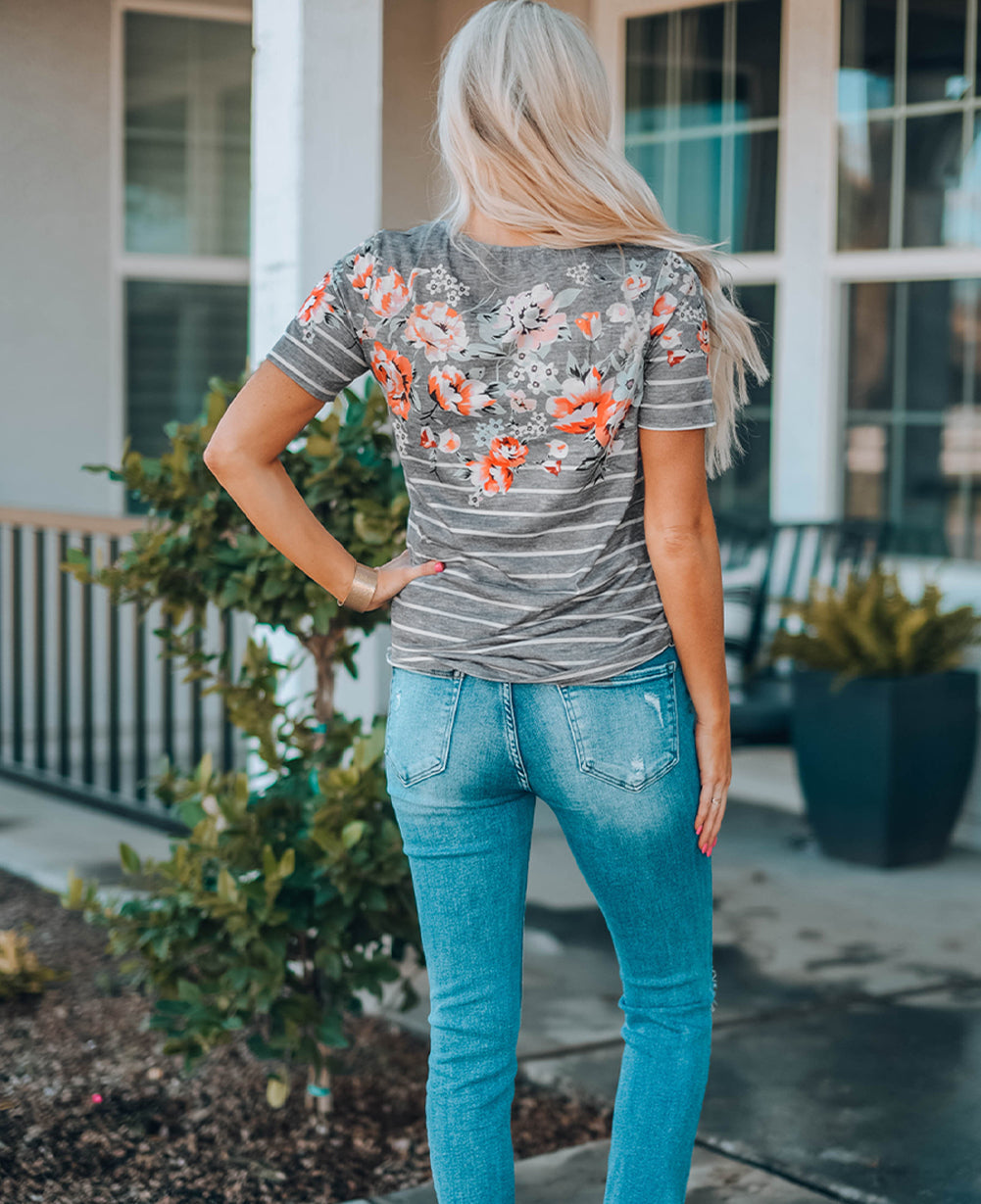 Floral Striped Print Short Sleeve Tee