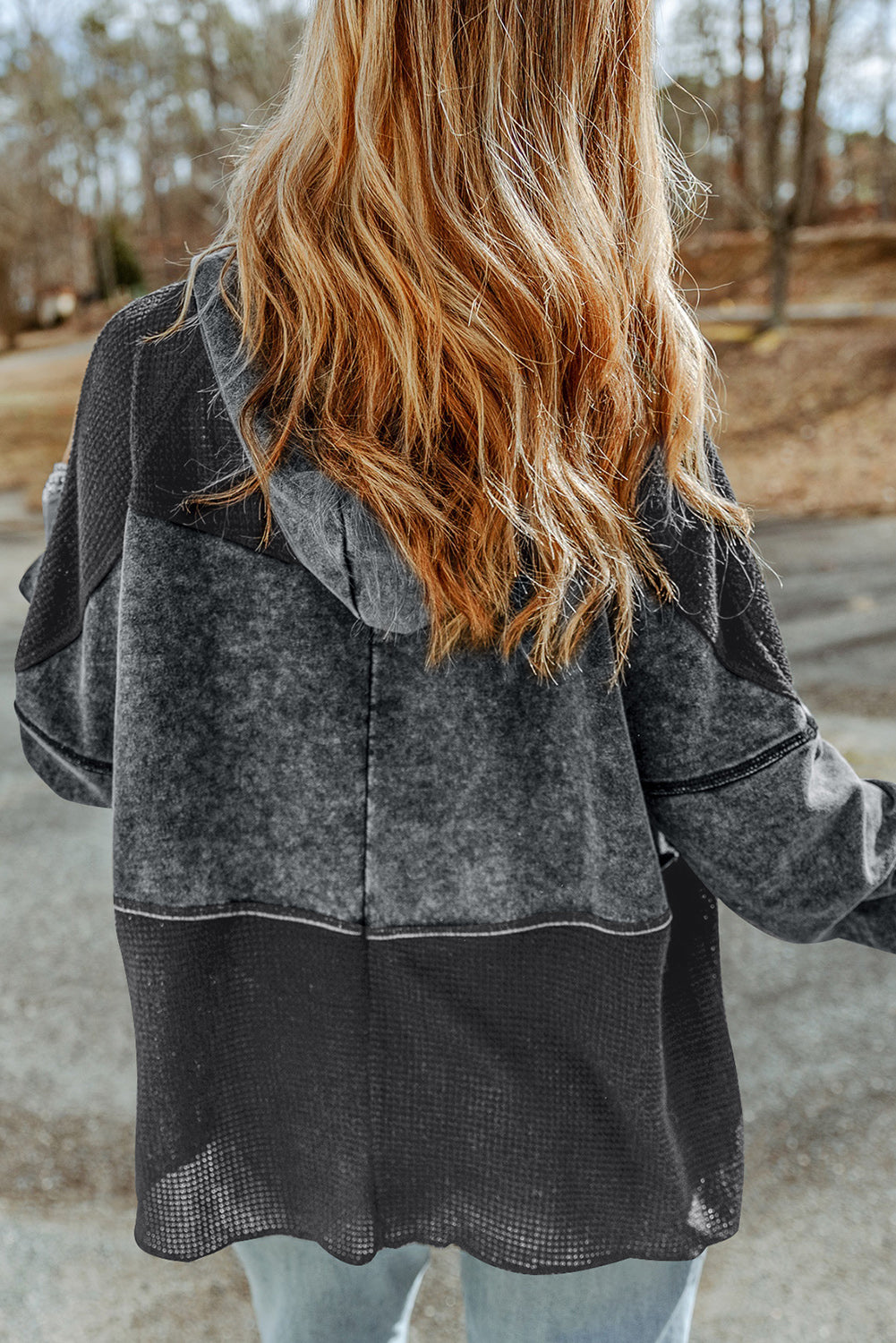 Waffle Patchwork Vintage Washed Hooded Jacket