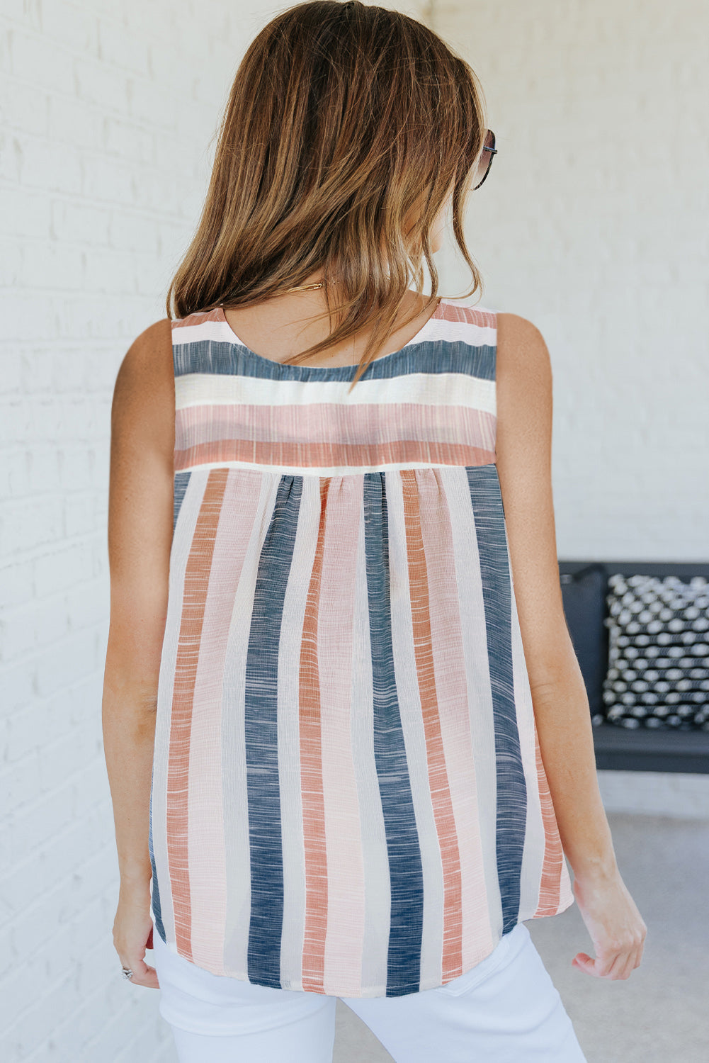 Split V Neck Striped Print Tank Top