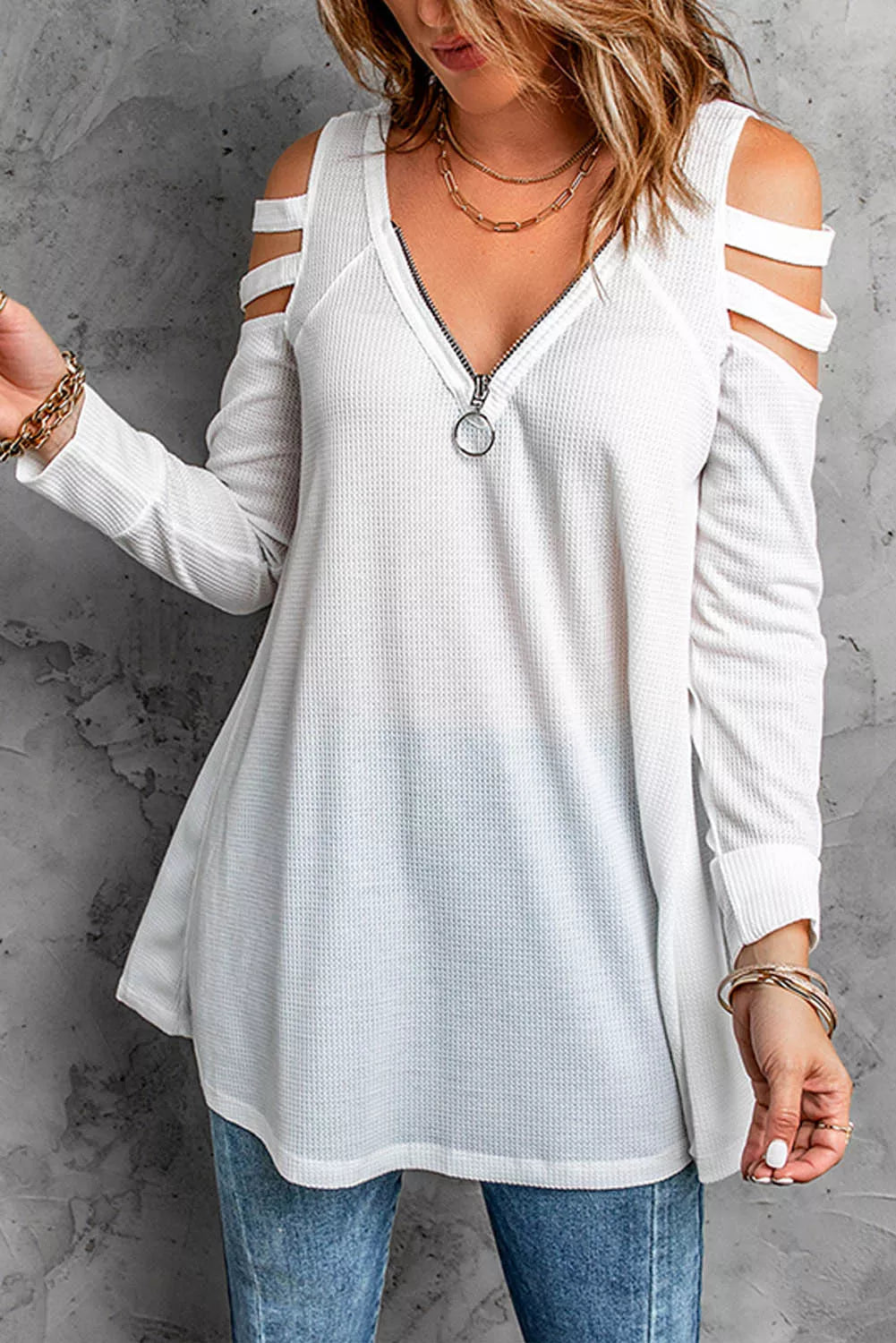 Zip Neck Cut-out Waffle Knit Long Sleeve Top
