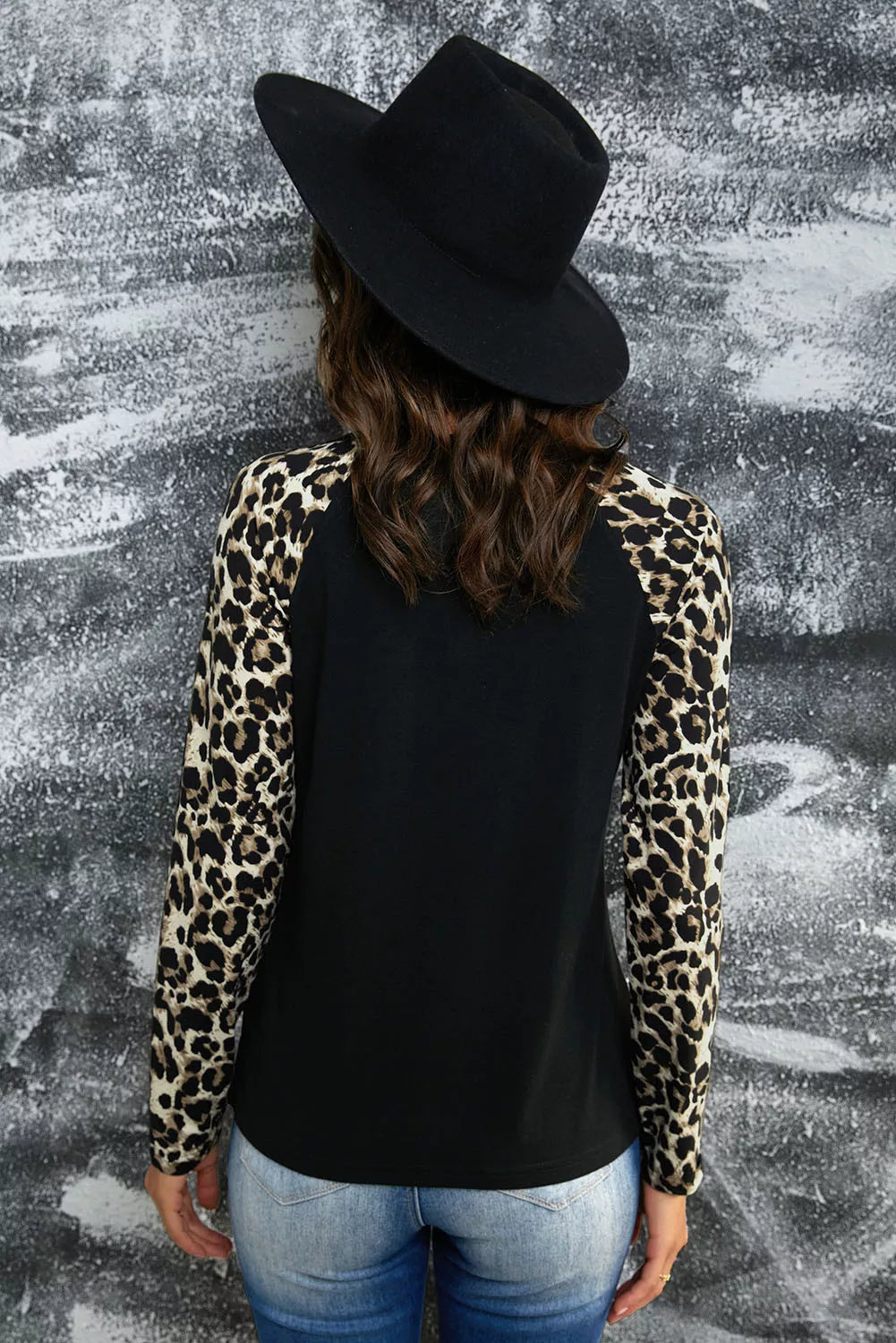 Leopard Pocket Notched Neck Raglan Sleeve Blouse