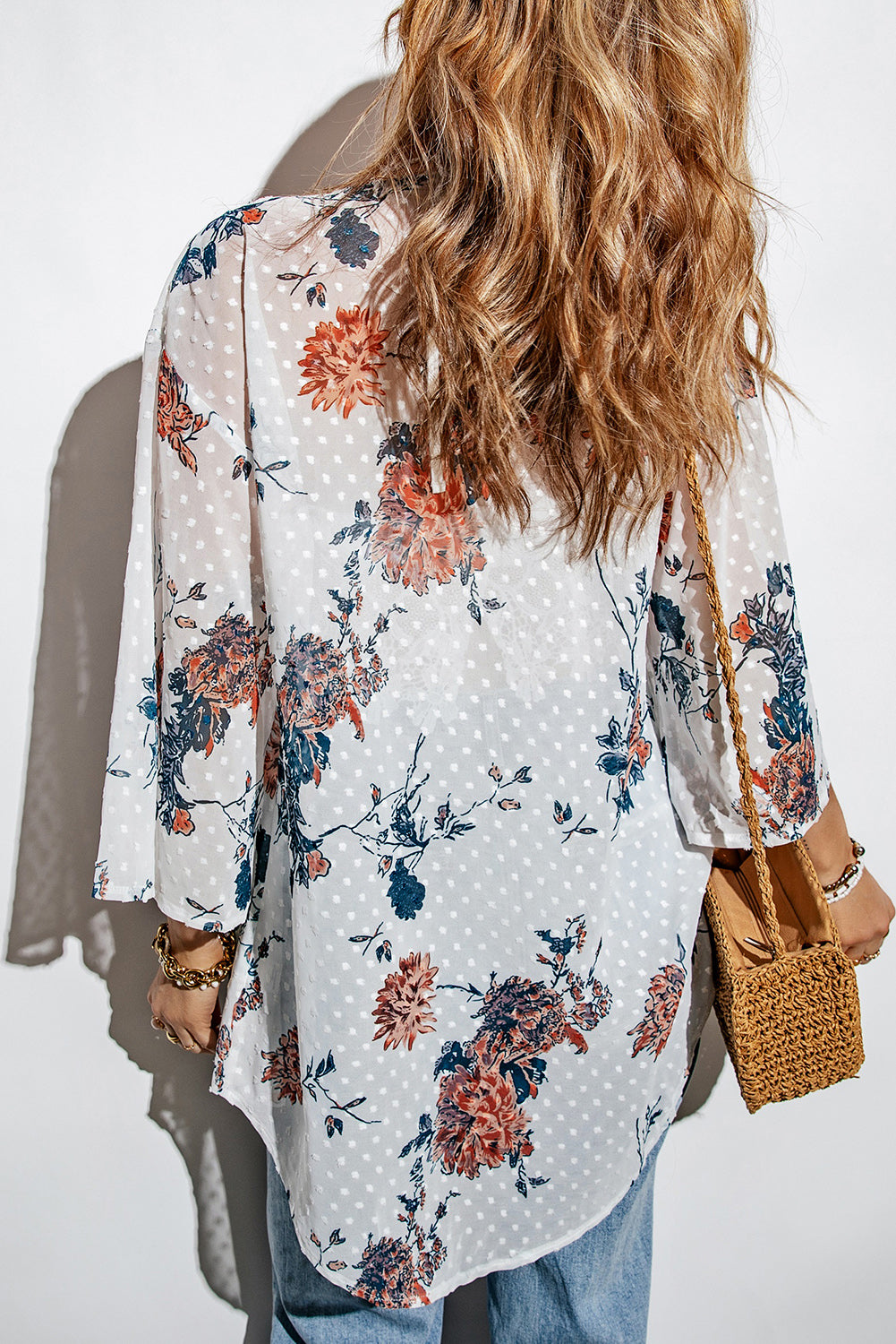 White Floral Print Open Front Bell Sleeve kimono