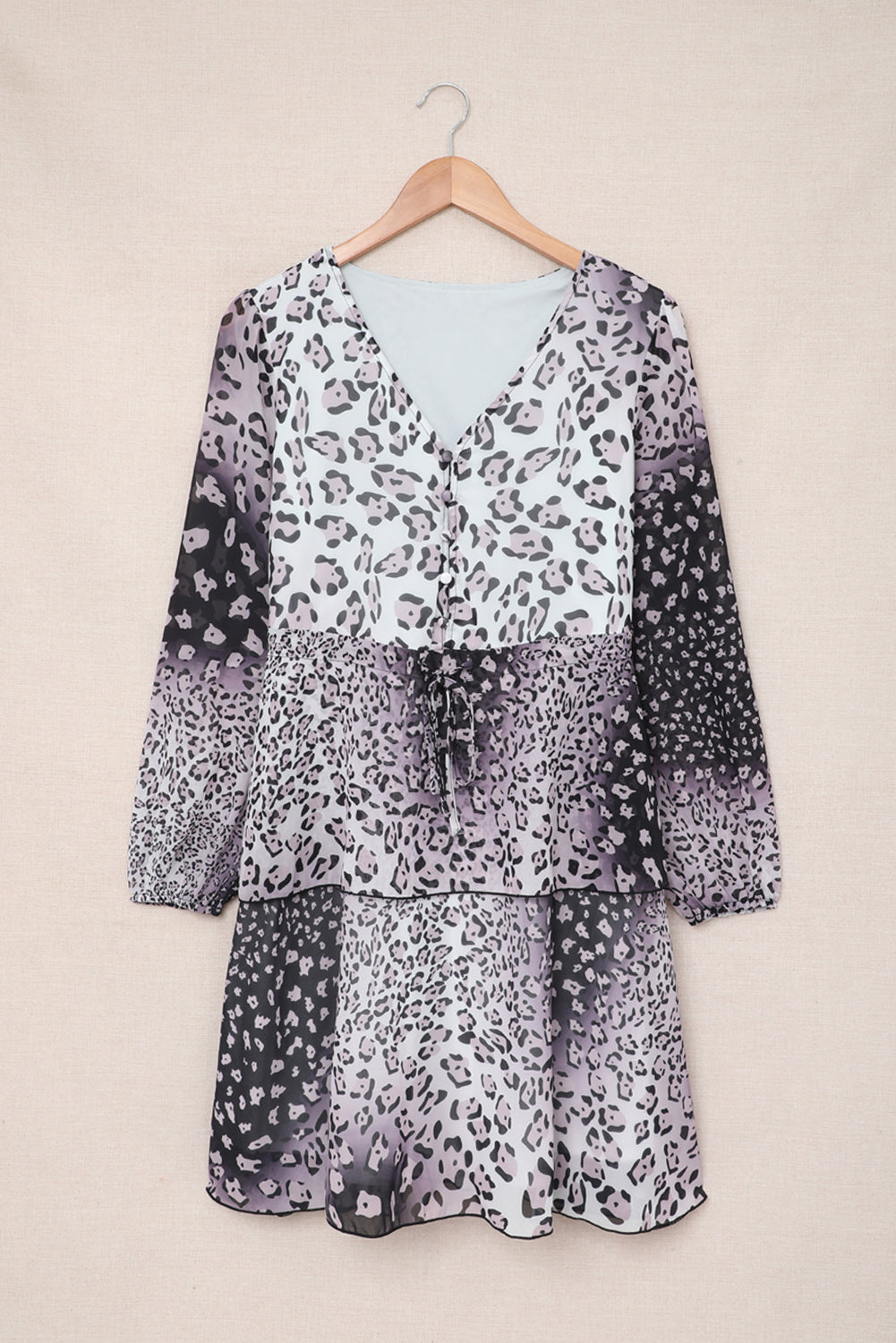 Buttoned Tie Waist Ruffle Puff Sleeve Mini Dress