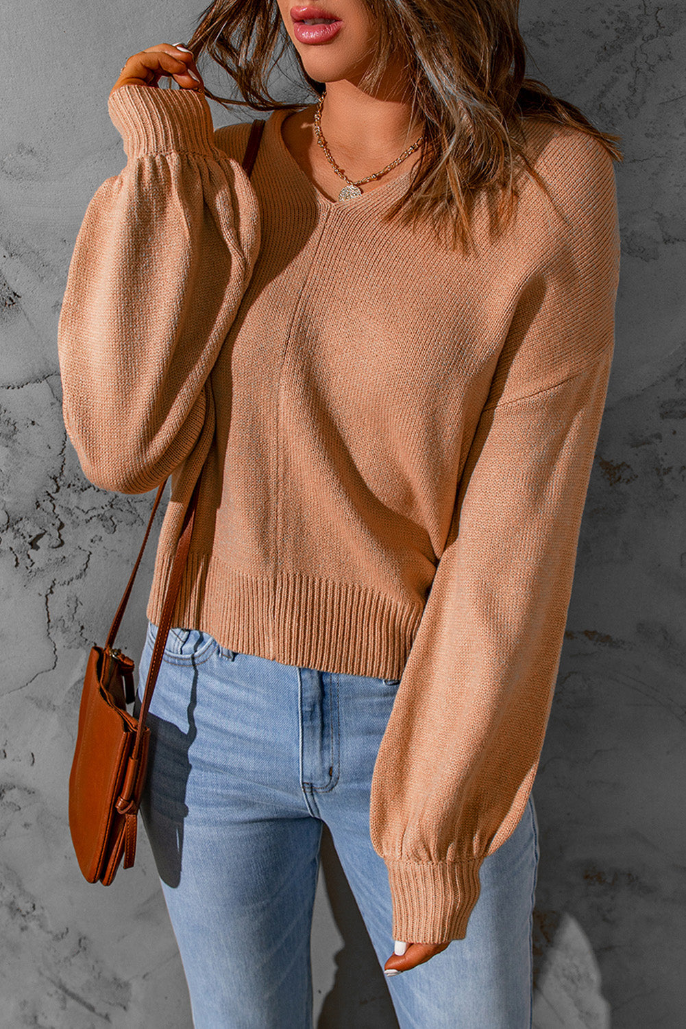 Apricot Twist Cutout Back Rib Cuffs Sweater